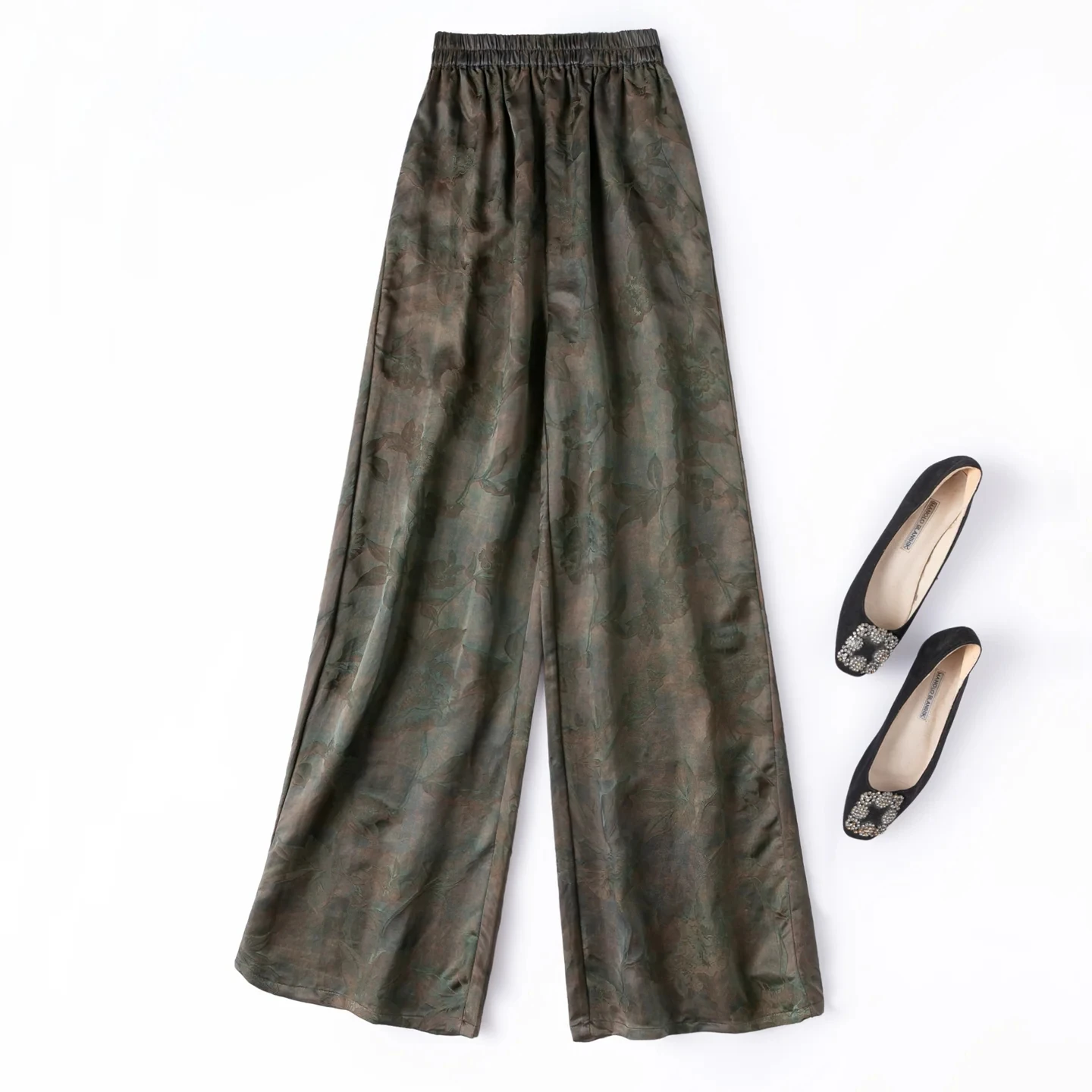 BirdTree-45MM 100%Real Silk Watered Gauze Elegant Pants, Elastic Waist Jacquard, Women Retro Straight Pants, 2026 Fall B69729CC
