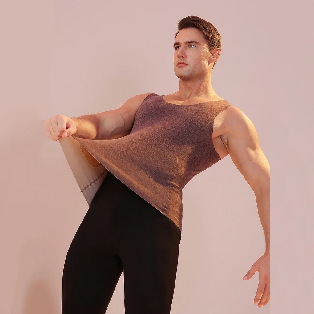 Winter Mens O-neck Thermal Undershirts Solid Base Men's Camel Velvet Patch Warm Seamless Sleeveless Invisible Vest