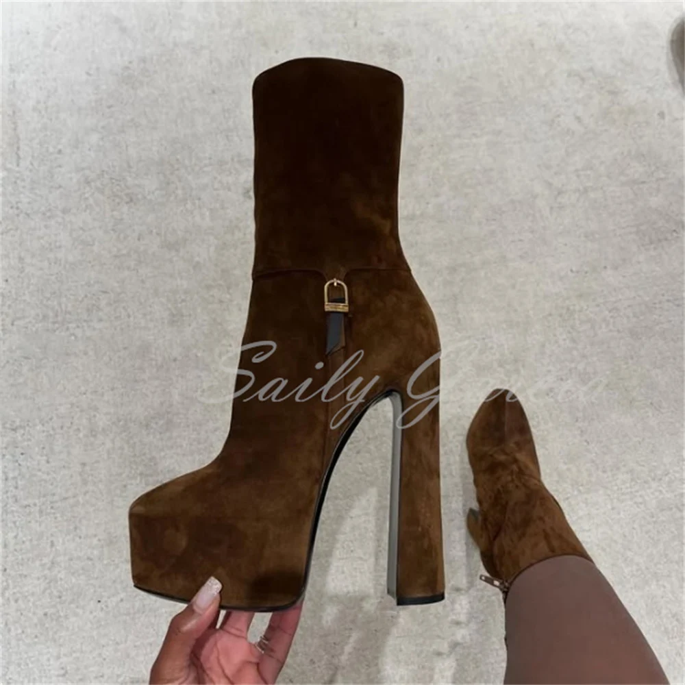 Brown Suede Chunky Heel Ankle Boot Women Sexy Round Toe Platform Side Zipper Solid Color Elegant High Heel Party Dress Boots view 3