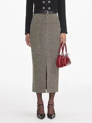 Woman clothing y2k fall and winter herringbone tweed maxi skirt high waist split midi dresses2024simple fashion skirts for women