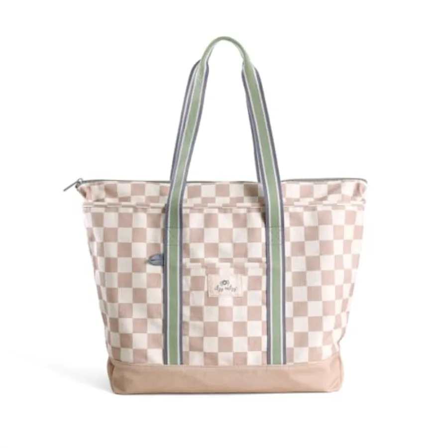 

Canvas tote bag for travel beach errands everyday use; cotton canvas material; checkerboard pattern; zip-top closure roomy main