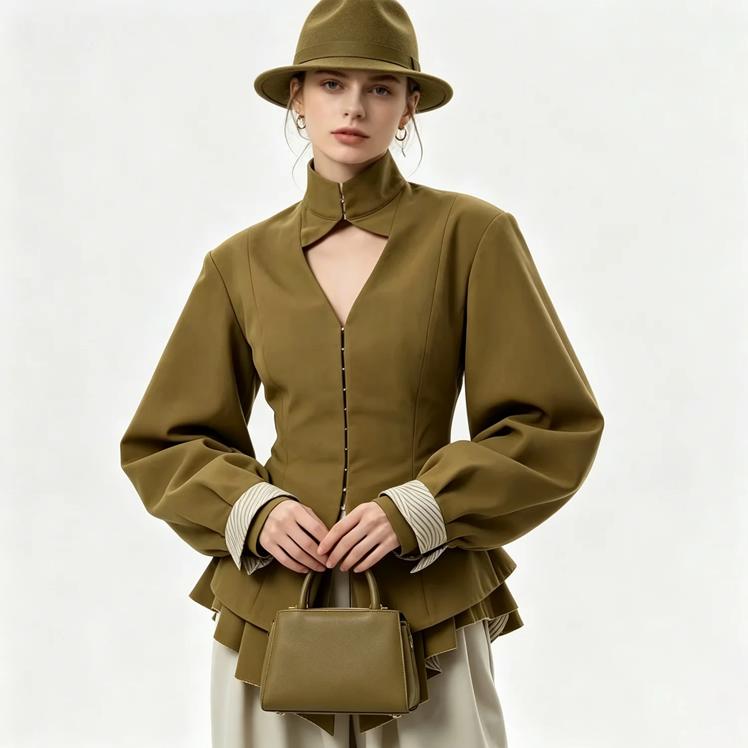 PUAL  2026 Women Khaki Peplum Blouse Stand Cutout Collar Puff Long Sleeve Slim Waist Irregular Hem Elegant Formal Shirt Top
