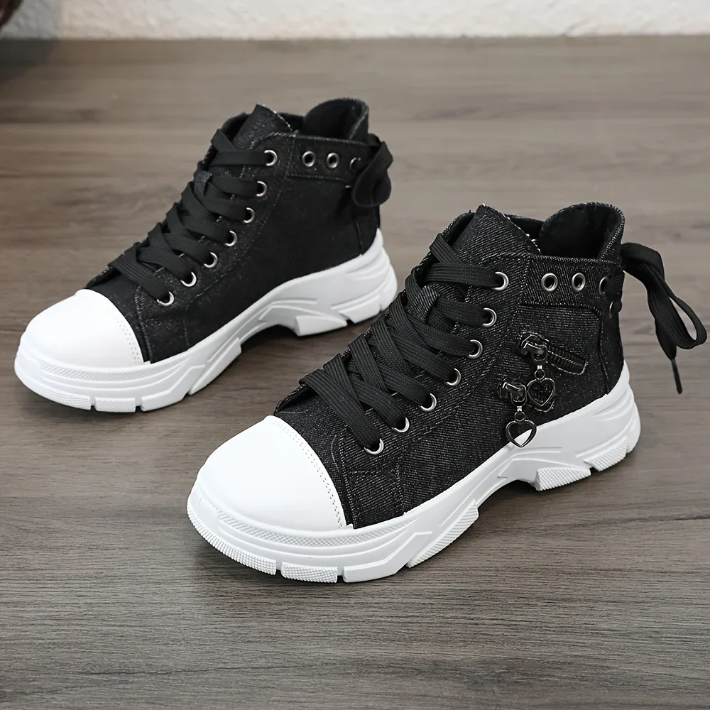 2024 New Women Plus Sizes Sneakers High Top Female Denim Canvas Shoes Thick Sole Girls Students Ankle Canvas Boots Lace Up