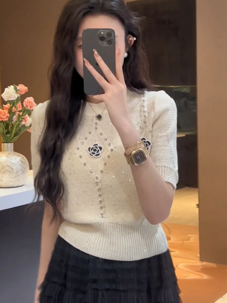 Fashion Floral Beading Short Sleeve Sweater Women 2024 Summer Casual Pullover Crop Tops Elegant Slim Thin Knitted T Shirts