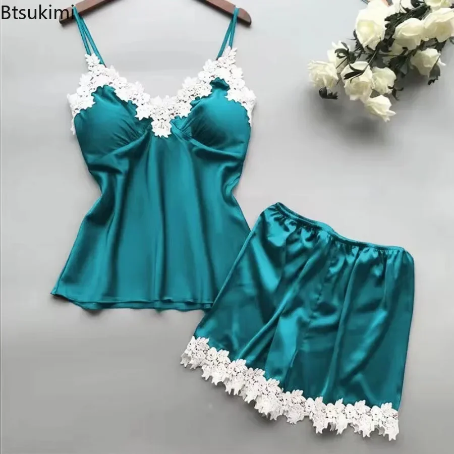 Women's Sexy Pajama Sets Fashion Lace Suspender Nightgown Two Pieces Summer Cool Sling Top with Shorts Soft Lounge Homewear Suit