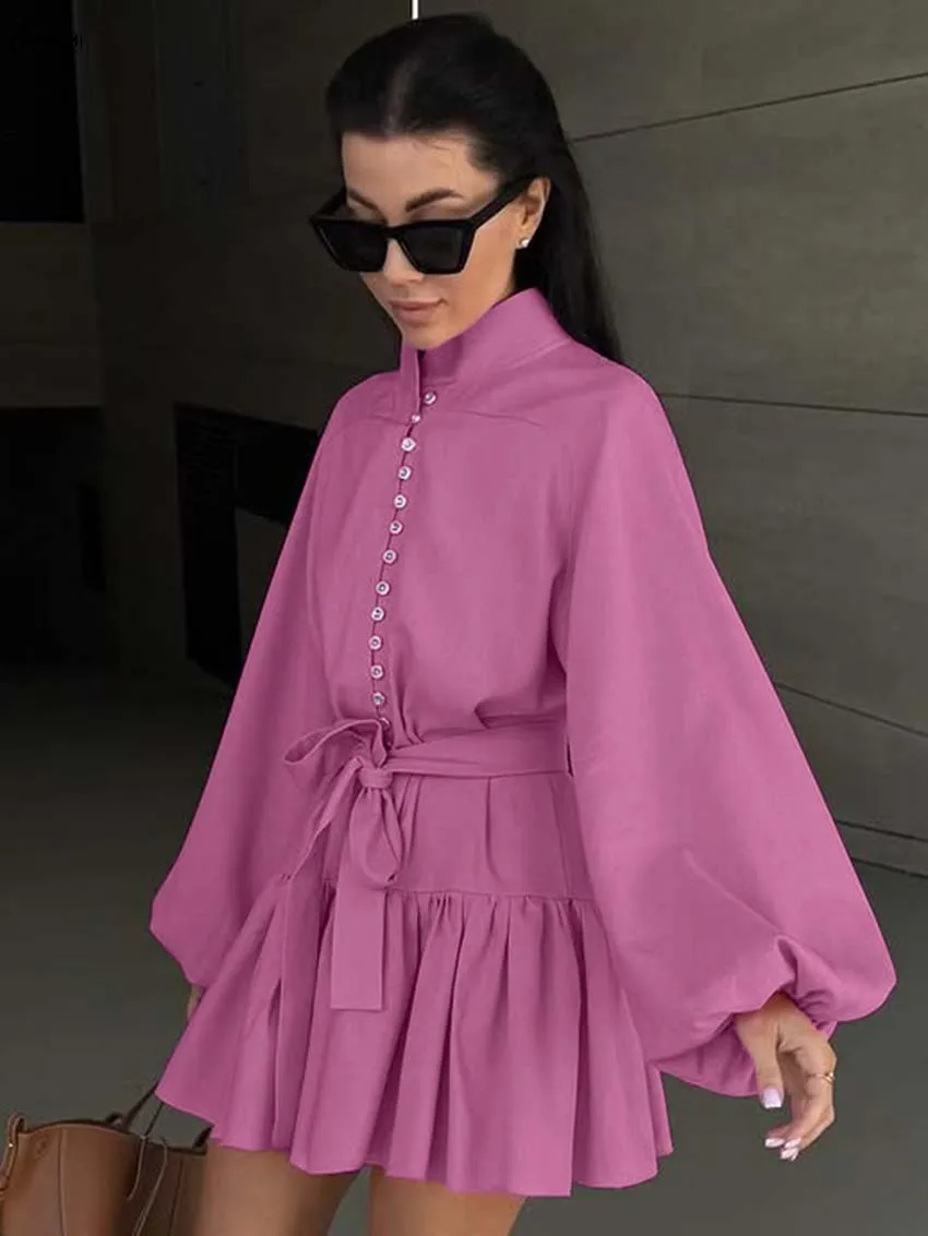 فستان نسائي أنيق بياقة مدورة باللون الأبيض من Oymimi فساتين أنيقة بأكمام منتفخة وصدر واحد برباط فساتين قصيرة غير رسمية بطيات