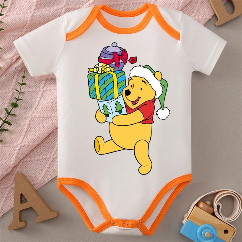 

100% хлопчатобумажная ткань Винни-Пух с Новым годом, милый комбинезон с принтом для ребенка, комбинезон для новорожденных от 0 до 12 месяцев