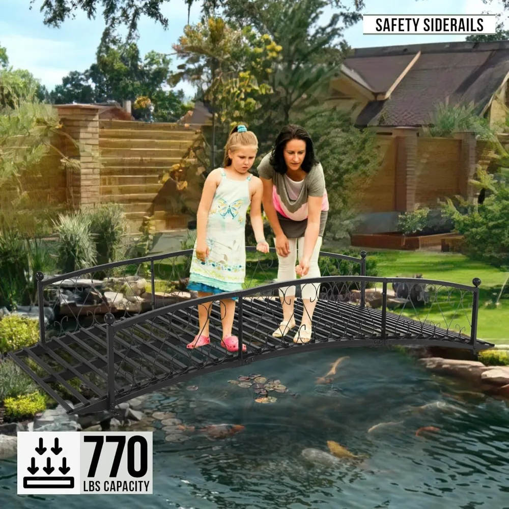 جسر حديقة معدني بطول 8 أقدام - جسر قدم مزخرف متين مع جسر خارجي كبير