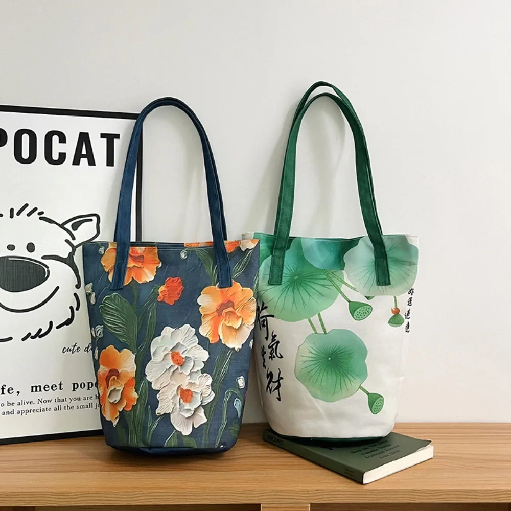 

Chinese Style Ink Texture Design High-end Handled Bucket Bag New Lotus Prosperity Large Capacity Printed Fashion Versatile Shoul