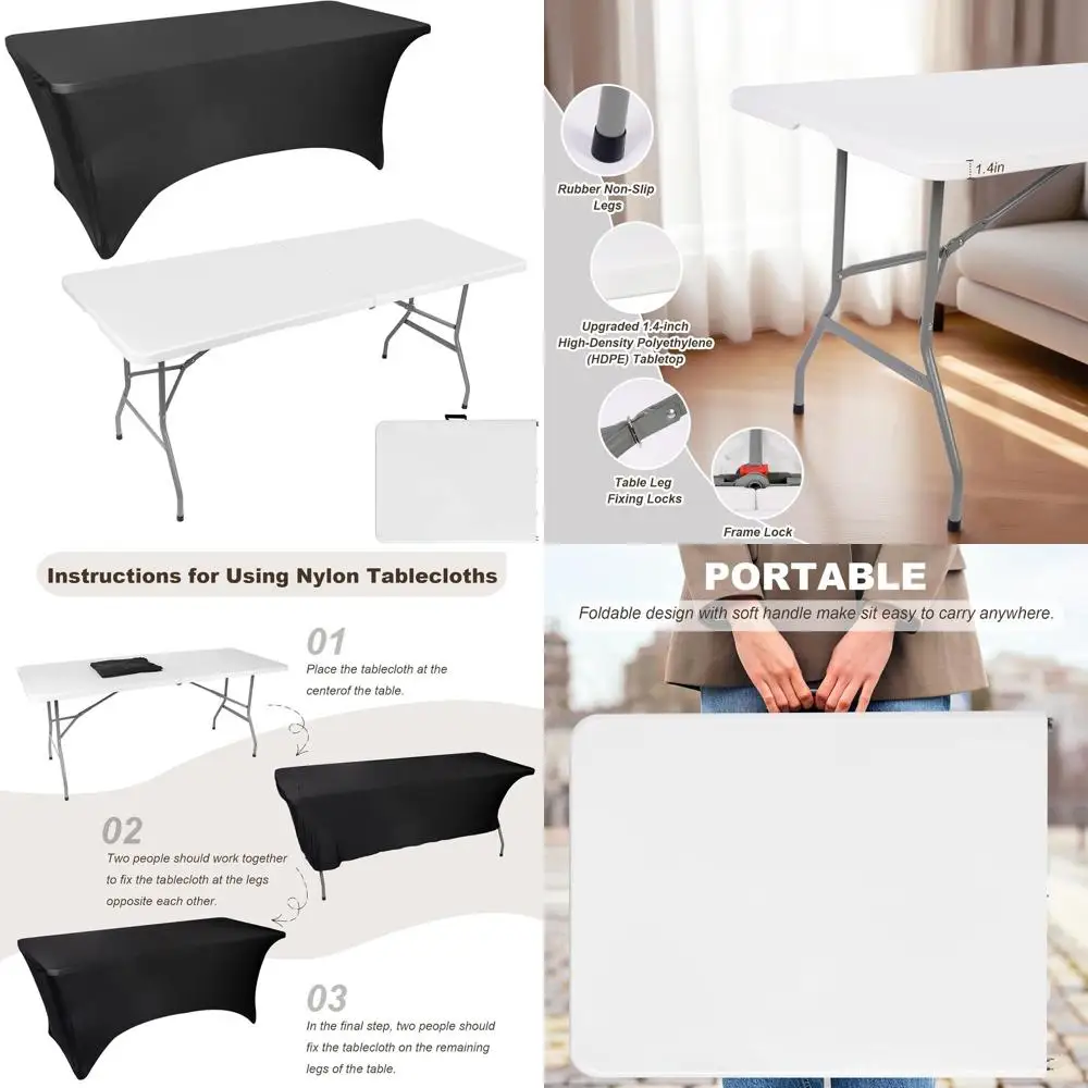 

Portable 6ft Heavy-Duty Plastic Folding Table with Handle and Lock for Outdoor Camping and Indoor Parties (White & Tablecloth)