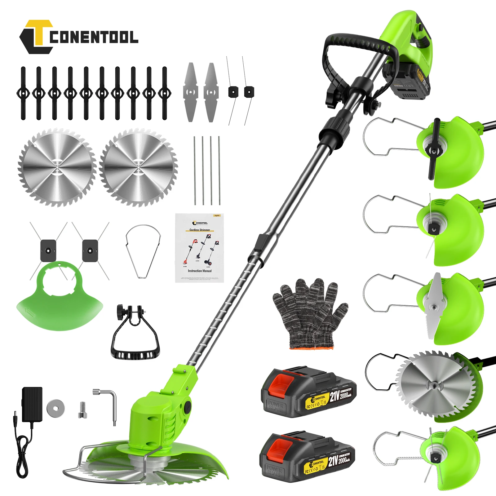 CONENTOOL Akku-Rasentrimmer 21V 650W 8500RPM Elektrischer Rasenmäher 6 Zoll Faltbar Teleskopisch mit 5 Klingentypen