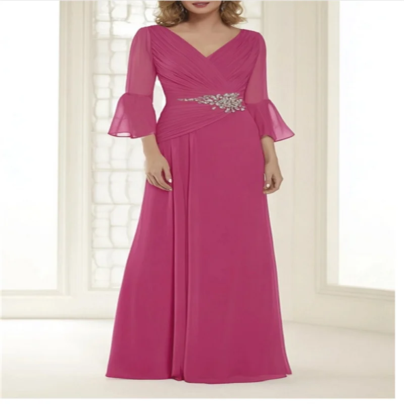 

Elegant Plus Size Long Evening Dresses for Women 3/4 Sleeve A-Line Formal Mother of the Bride Chiifon Prom Dress Customized