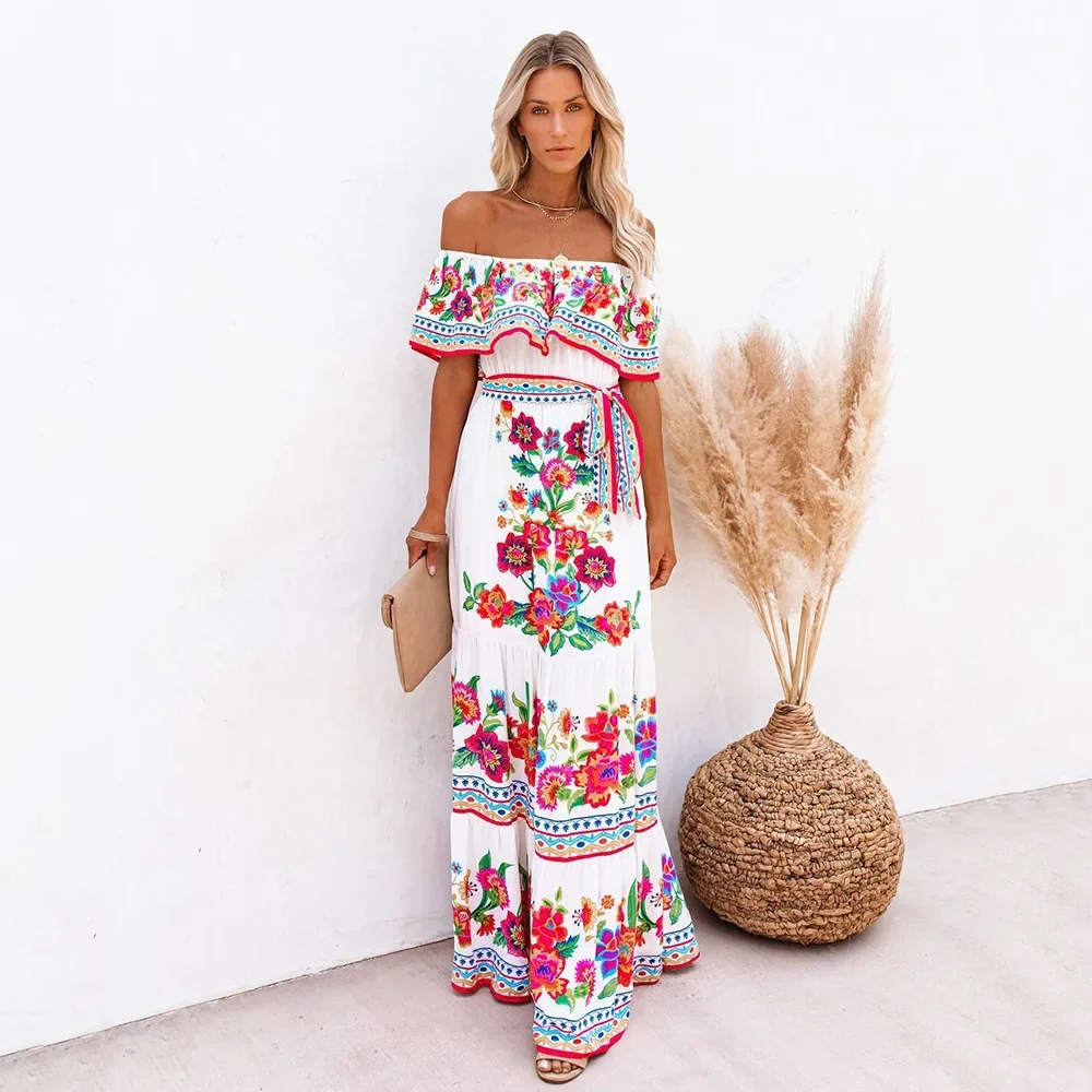 

New Spring and Summer One-Shoulder Leisure Commuter Safflower Print Long Swing Dress Women