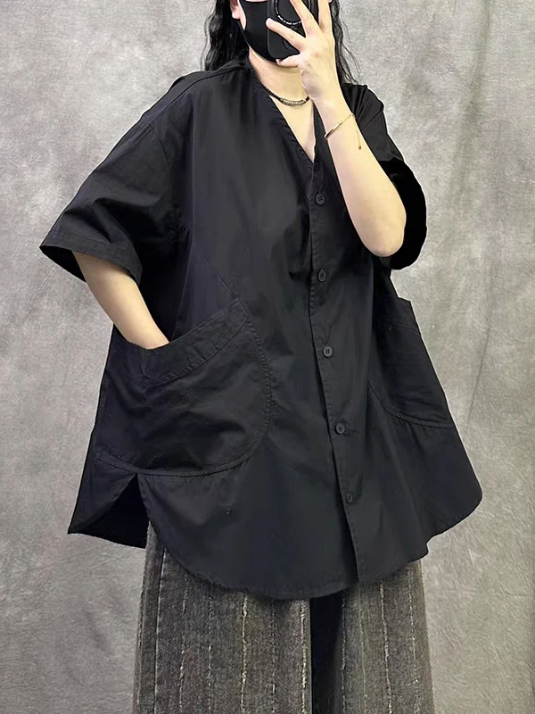 

Loose Cotton Linen irt Women's V-ne Midi Slimming Faionable ket Detail Korean Sle Pure Color Office Wear