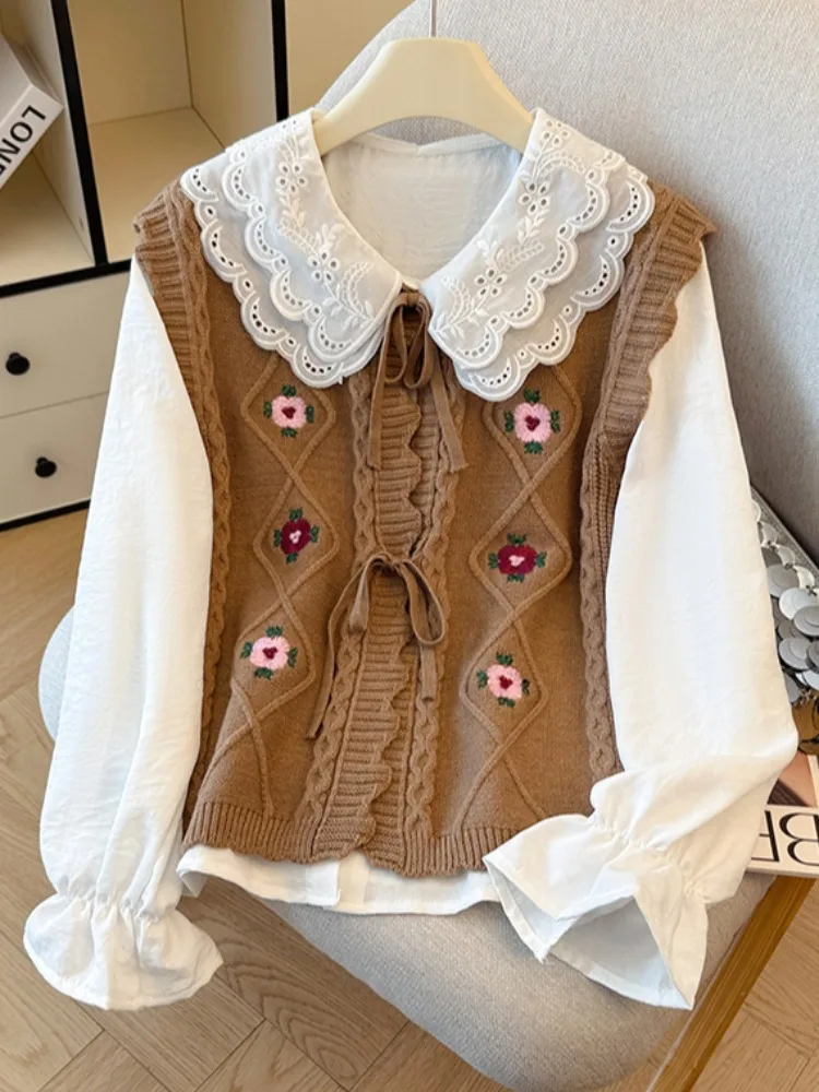 Colete longo de malha Sve bordado com cinto Design auto-preservador Gola feminina Conjunto de duas peças Design original Straigh...