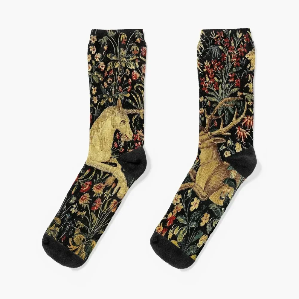 

Medieval Unicorn Midnight Floral Tapestry Socks floral with print floor Men's Socks Luxury Women's