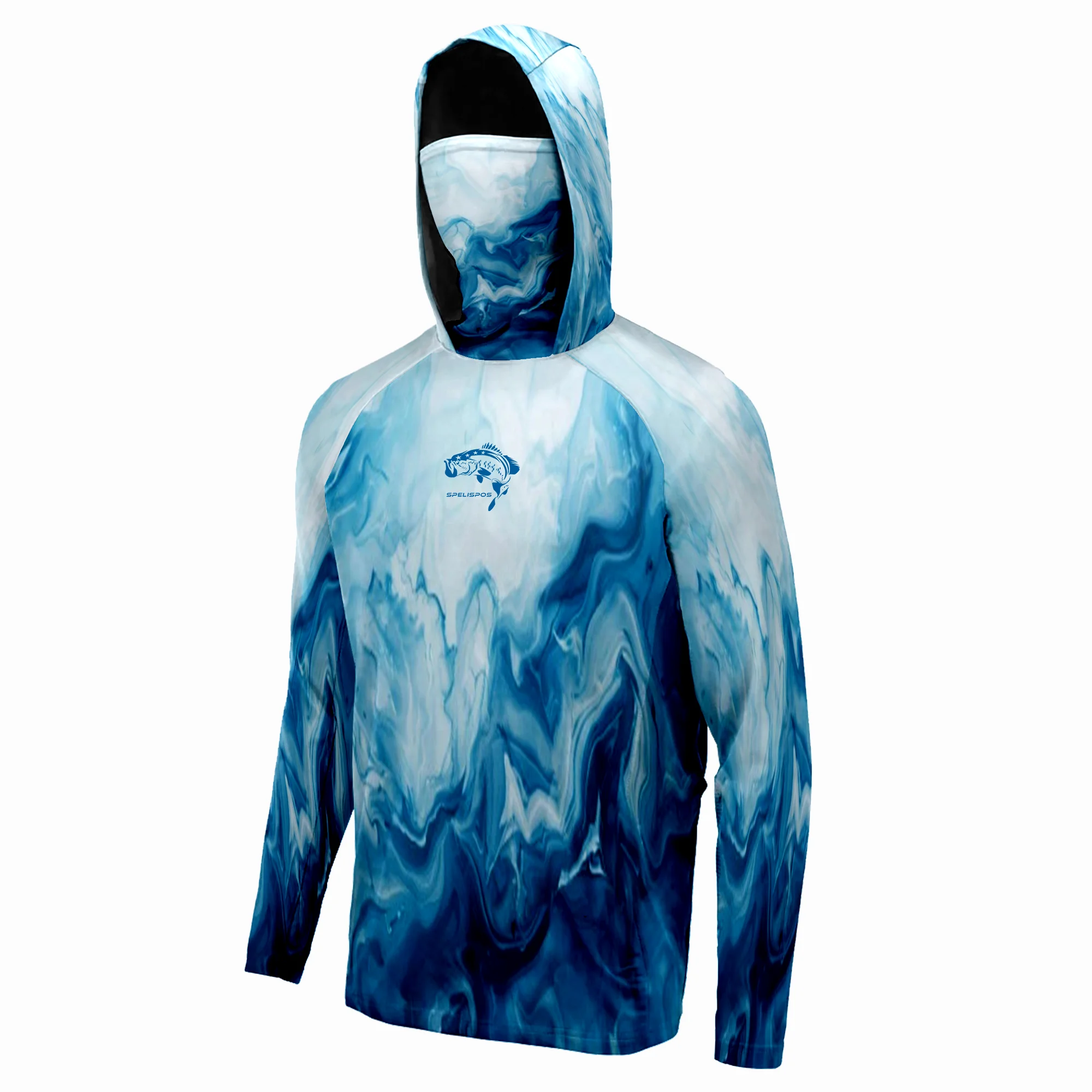 Blue patterned long-sleeve hooded fishing shirt with face cover