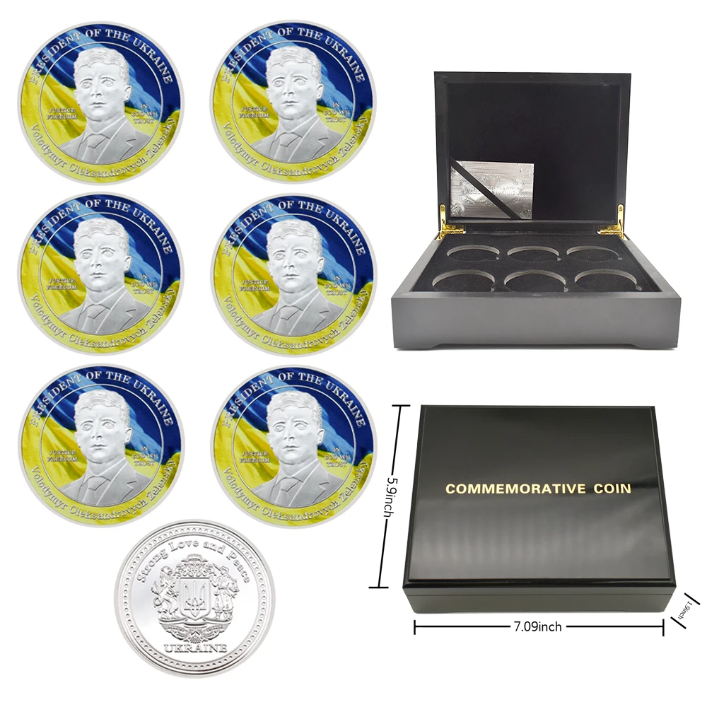 

6pcs / Box Ukrainian President Coin Wooden Box Set Zelensky Commemorative Coin Collection Custom Wholesale Business Gift