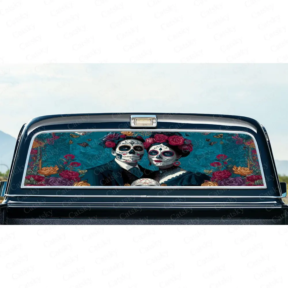 

Day of the Dead Couple Art Folk Pattern PVC Perforated Car Vinyl Wraps, Durable Car Rear Windshield Sticker, Waterproof Car Rear