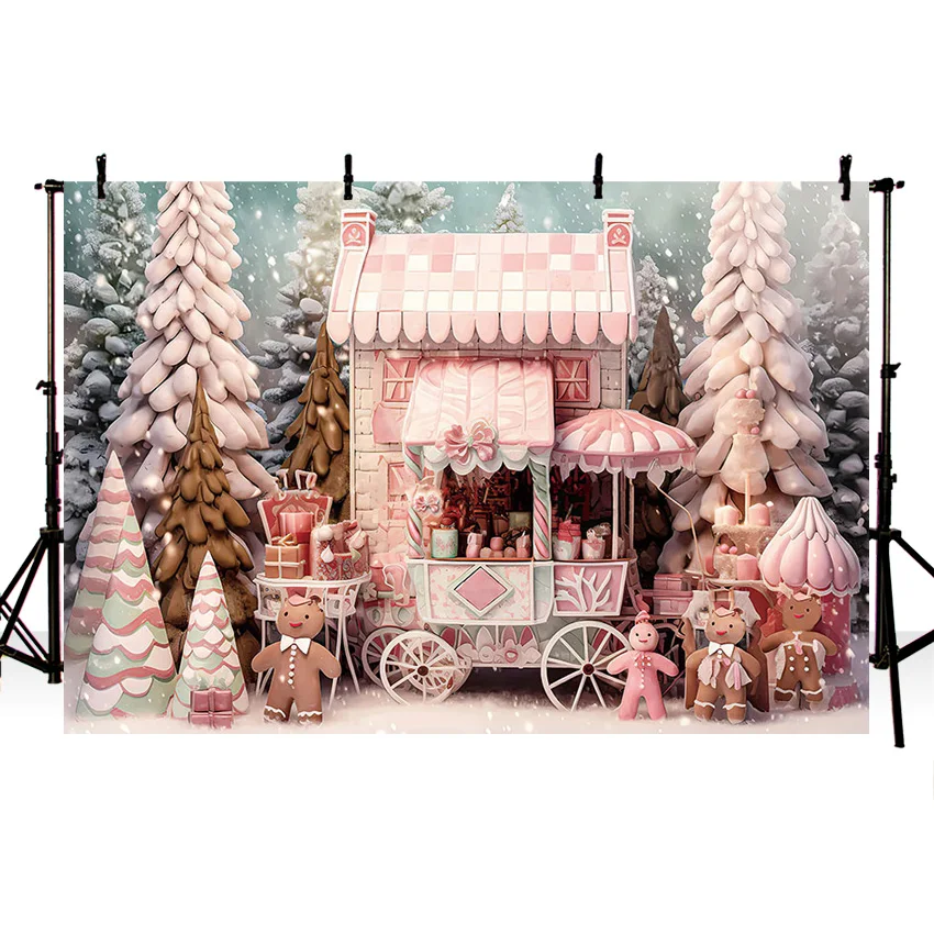 Mehofond Merry Christmas Backdrop Xmas Tree Gift Decoration Pink Cart Cookie Background Booth Studio Photography Supplies Props