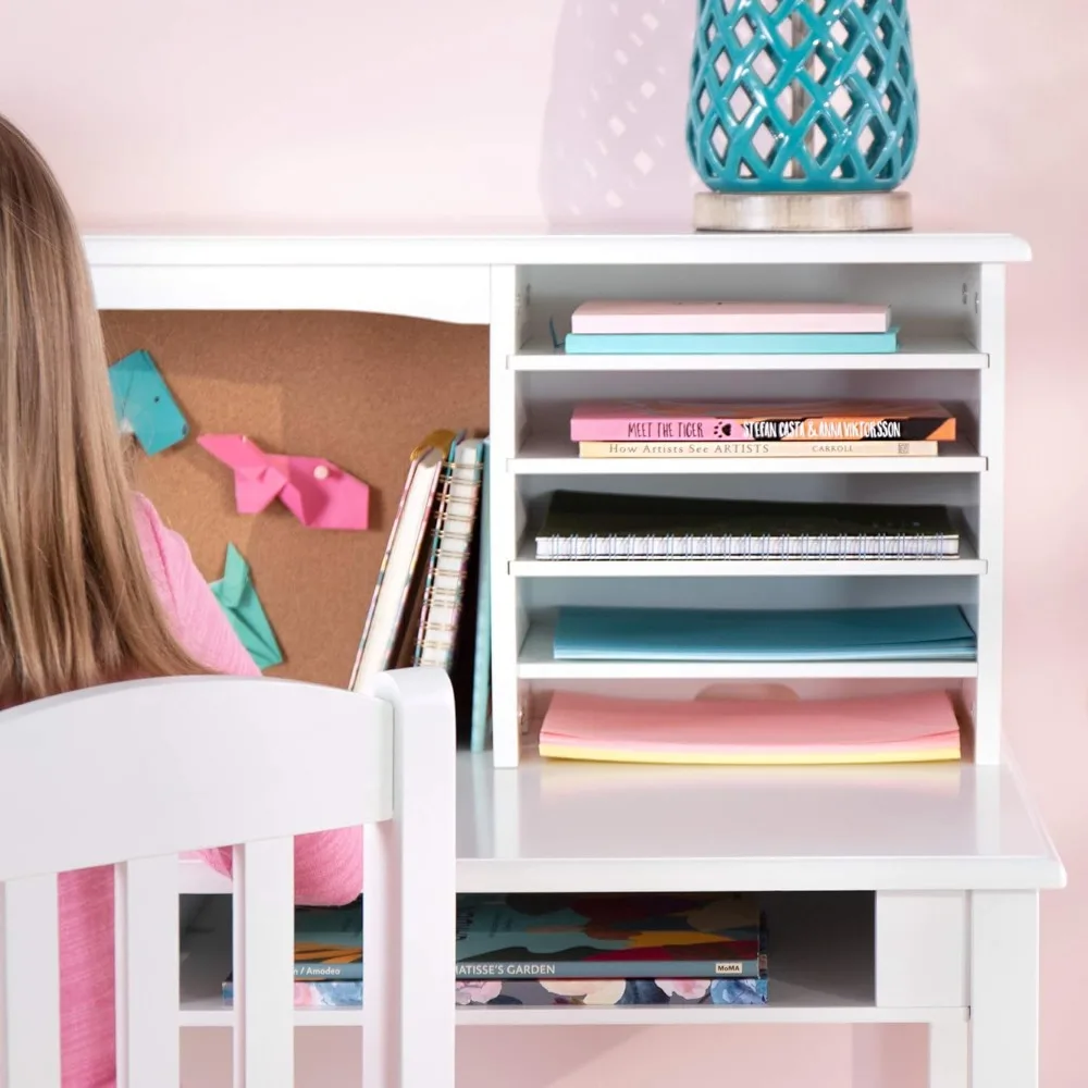 Children’s Media Desk and Chair Set – White: Kids Study Computer Desk with Hutch and Storage, Wooden Kids Bedroom Furniture