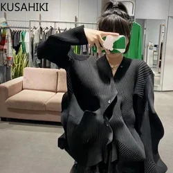 KUSAHIKI Irregular Women Knitted Cardigan 2023 Autumn New Korena Sweater Coat Causal Long Sleeve V-neck Knitwear Tops 6N339