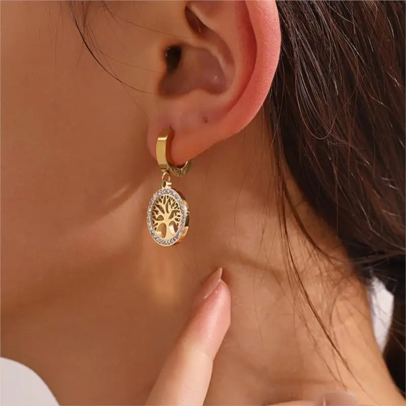 Nuevos Pendientes de oro de acero inoxidable Árbol de la vida colgante redondo accesorios para las mujeres joyería exquisita regalos de fiesta Серьги