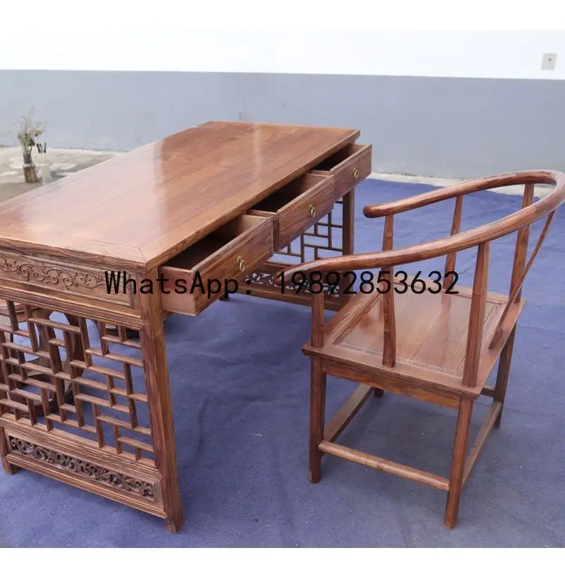 

BGZ Chinese Antique Style Solid Wood Carved Desk Simple Drawer Study Desk Traditional Chinese Medicine Clinic Desk