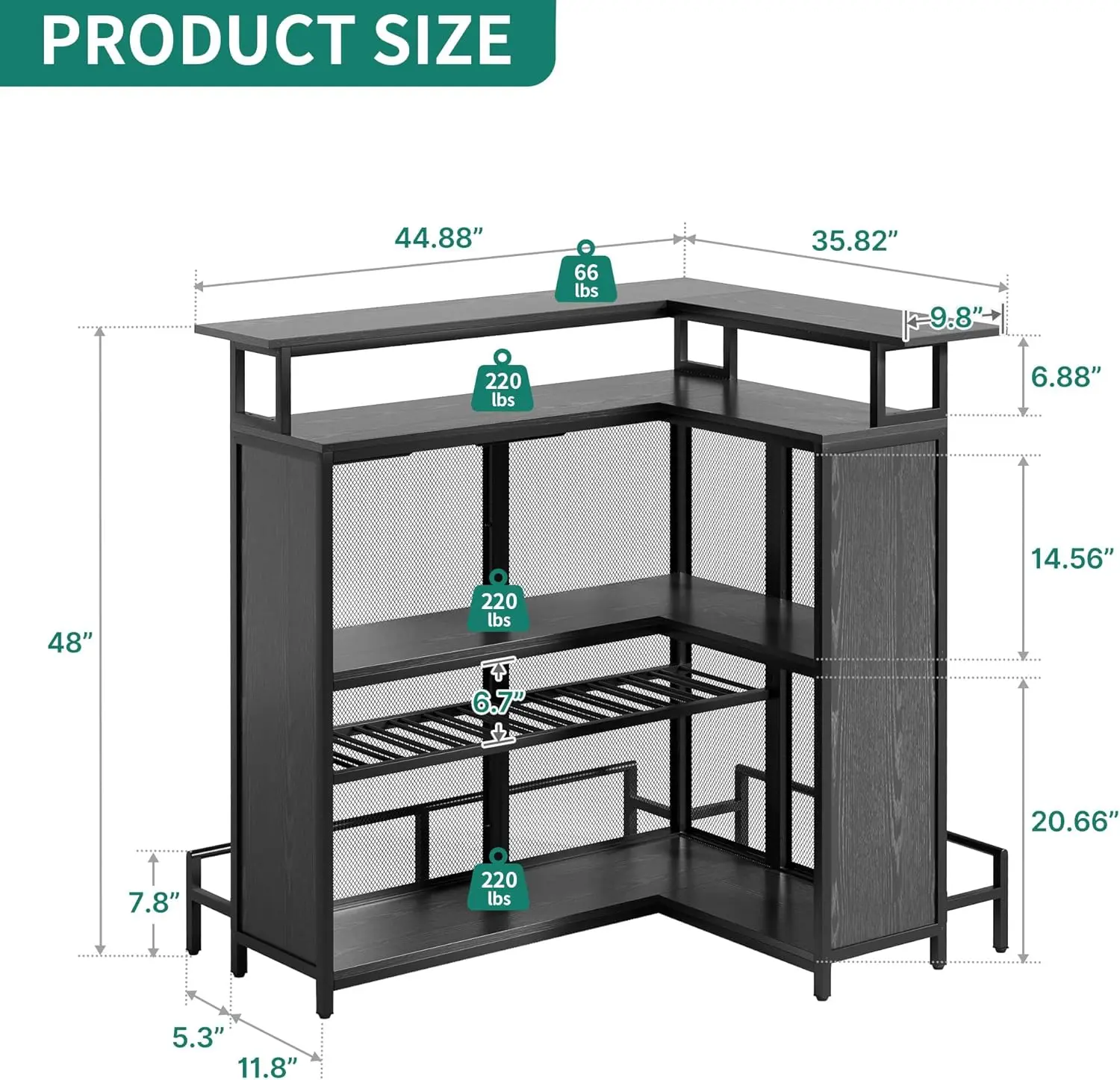 Dwvo L-Shaped Home Bar Unit With Led Light App Control, 4 Tier Tall Liquor Table With Wine Rack, Storage Shelves And Glasses