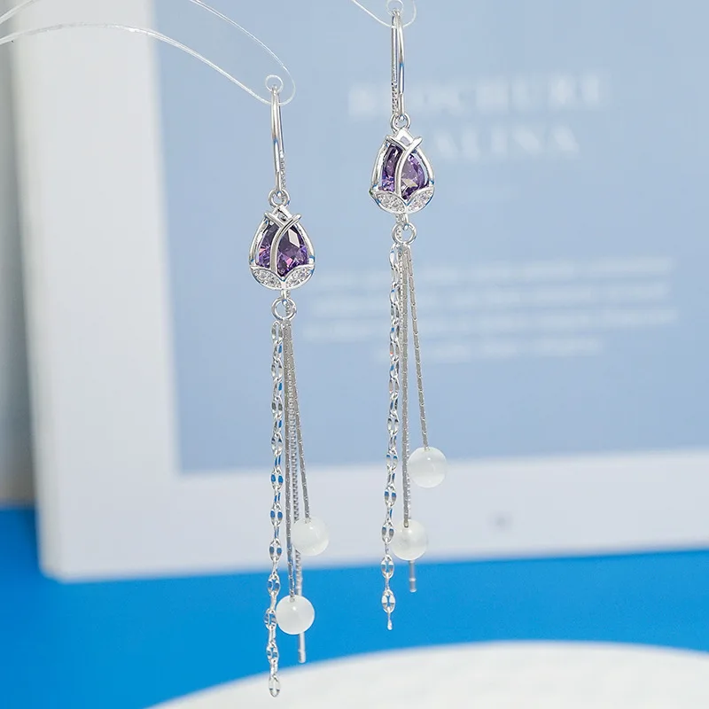 Luxury S925 Sterling Silver Earrings Purple Tulip Tassel Ear Line Opal Earrings For Women Jewelry