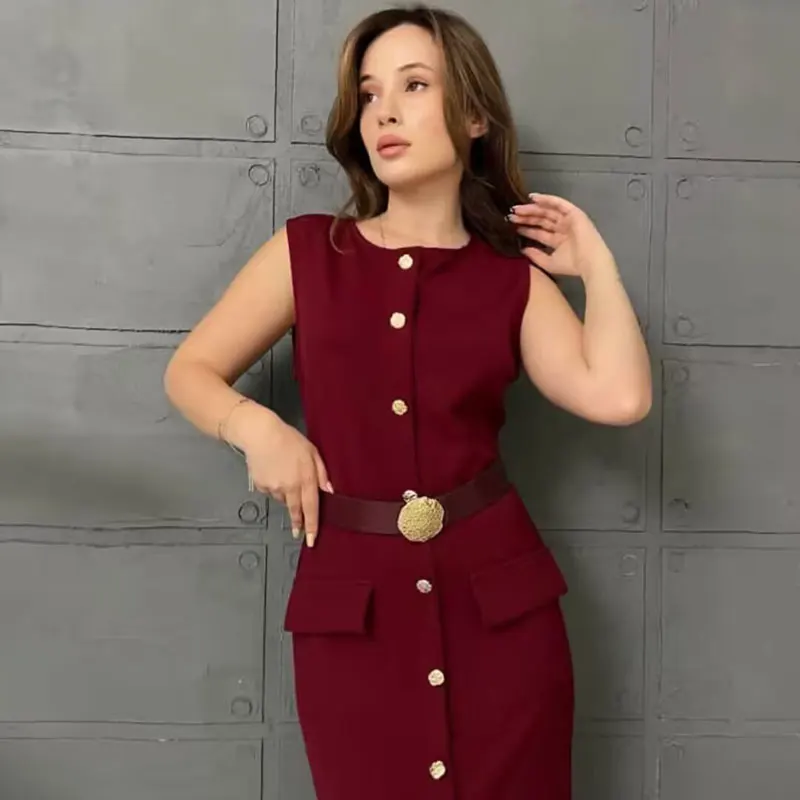 2025 Donne estive Gilet Abito lungo Cintura Corsetto senza maniche Abiti eleganti Nuovi abiti Abiti da festa casual da ufficio per le vacanze in raso