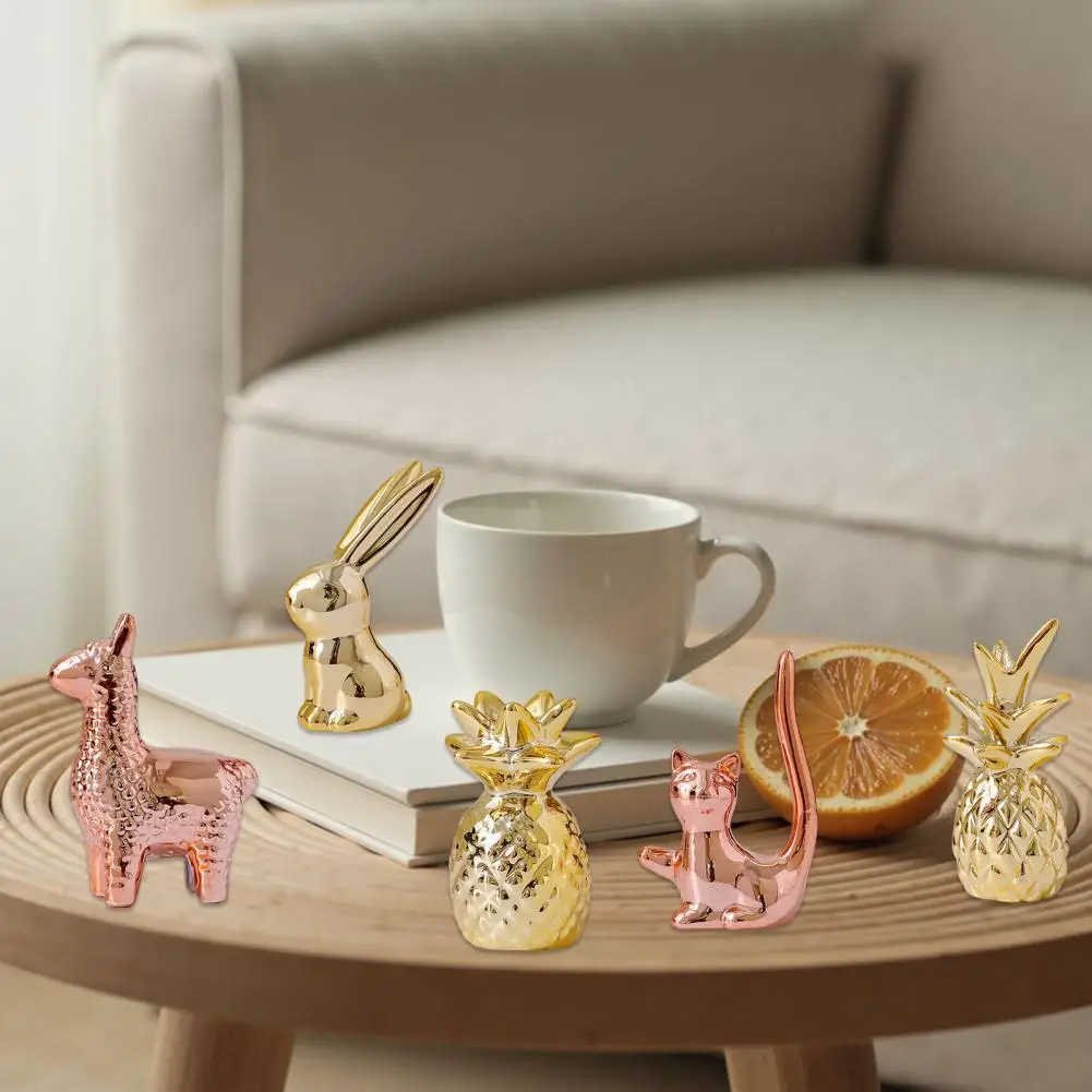 Mini Ceramic Animals Figurines Miniature Rabbit Cat Llama Pineapple Statue For Tabletop Mantel Desk Shelf Decor Bunny Decoration