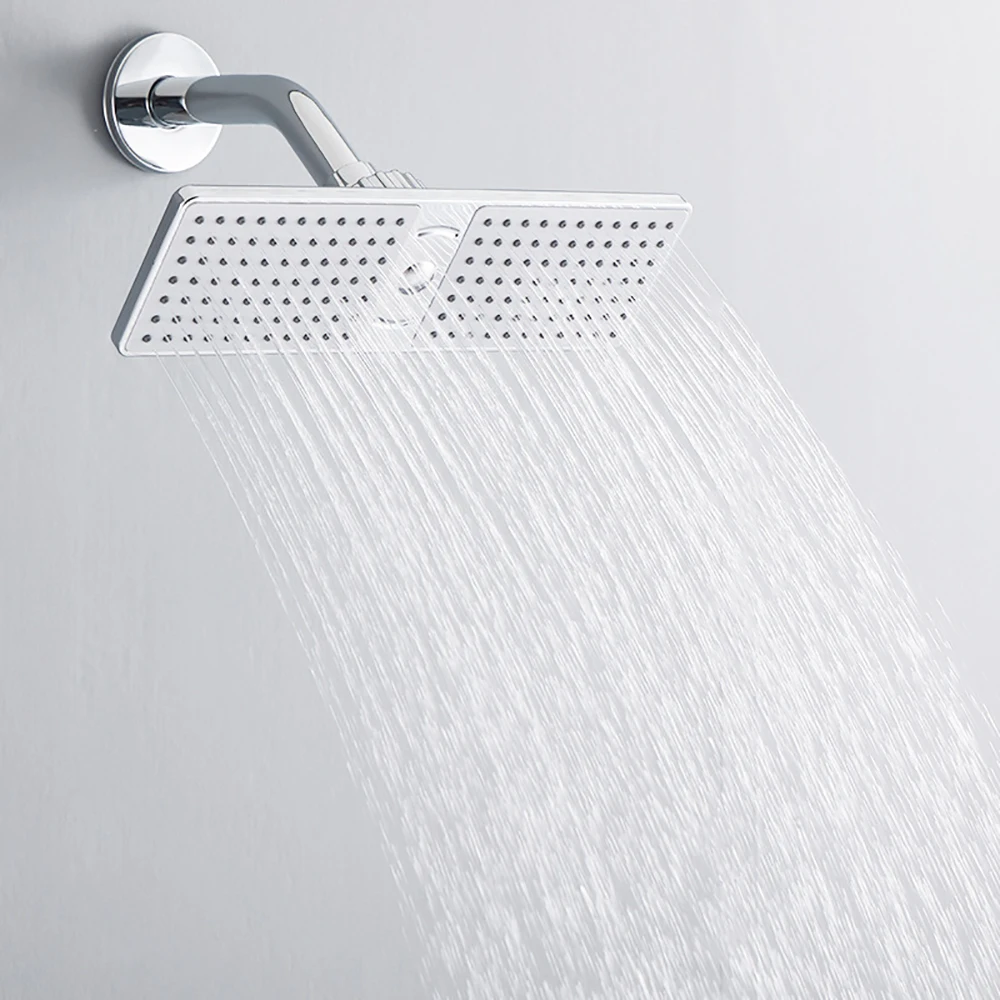 Top-mounted spray shower head with wide flow for full body coverage. 360-degree adjustable rotation. Bathroom bathing accessory