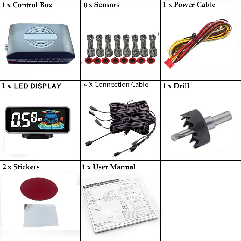مجموعة أجهزة استشعار وقوف السيارات متعددة الرادار، شاشة LED إلكترونية بإضاءة خلفية، نظام صوتي متعدد الريف، كاشف عكسي، إنذار بمستشعر 6/8 #6