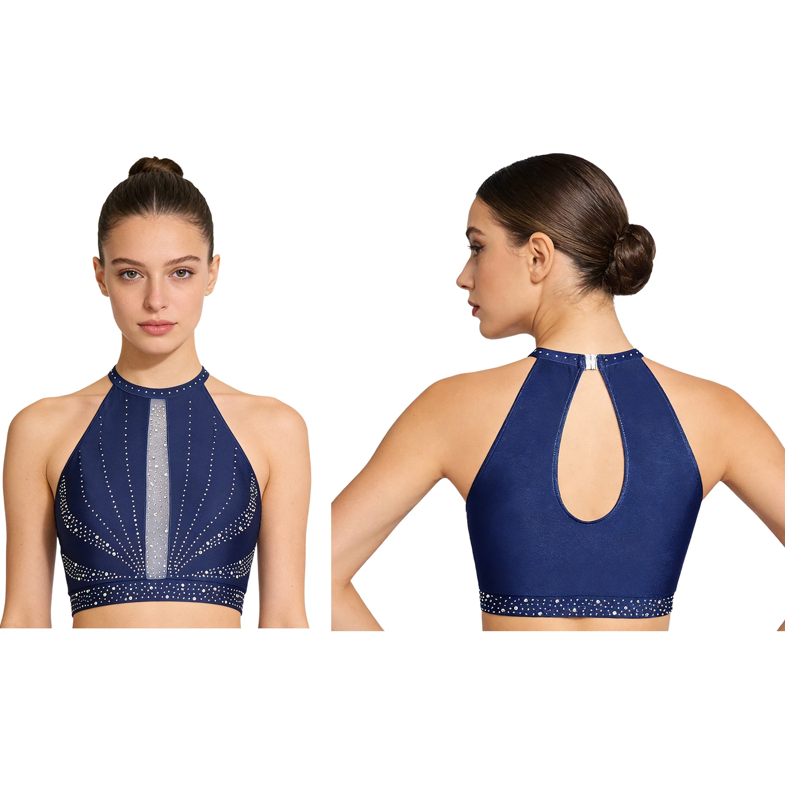 Vrouwen Moderne Lyrische Danskostuum Kunstschaatsen Gymnastiek Acrobatiek Dancewear Strass Crop Tank Top Shimmy Mesh Broek