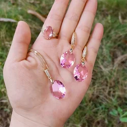 Oval pink crystal 15mm*20mm Necklace  pendant ring earrings three-set elegant fashion accessories Women's jewelry for gifts