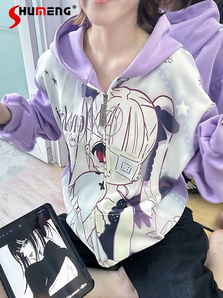 

Уличная одежда, милые крутые толстовки с капюшоном в стиле аниме для девочек Y2K, свободные повседневные толстовки с мультяшным принтом и вышивкой, женские осенние куртки