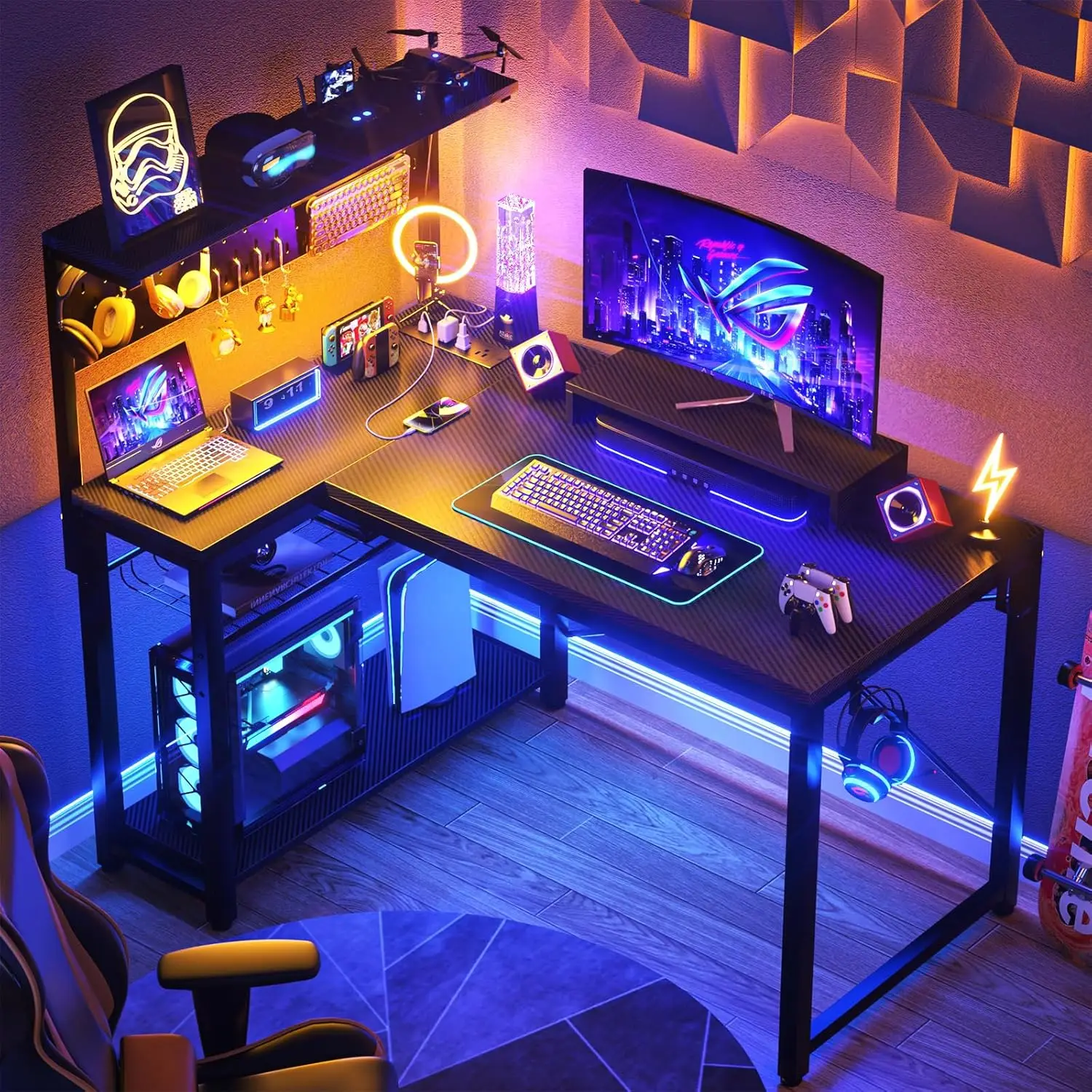 Small Gaming Desk with Power Outlets, LED Light,Monitor Stand, Storage Shelves, Reversible Corner Desk with Headset Hooks