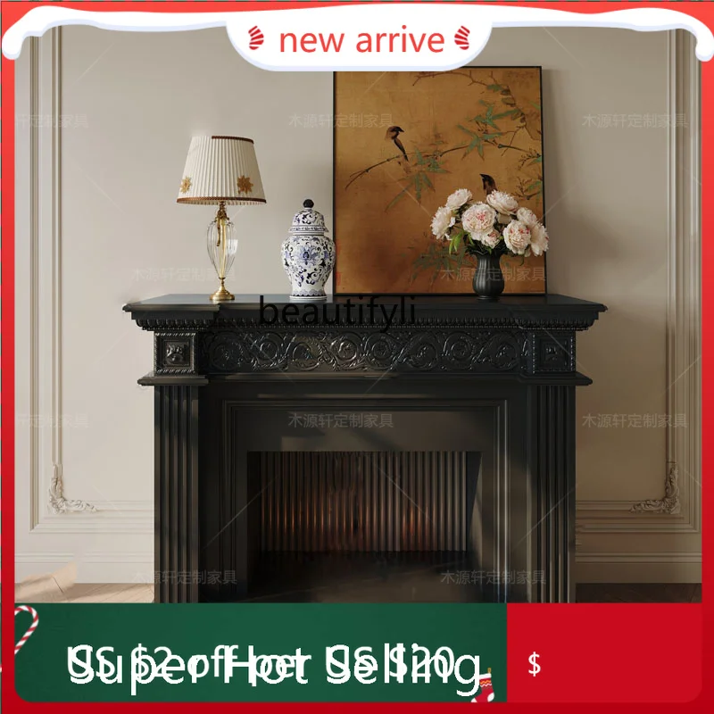 

S132 French Style Solid Wood Carved Fireplace Cabinet American Black Decorative Entrance Wall Cabinet Display Shelf Storage Ra