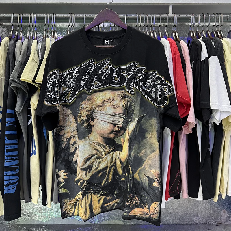 Men's Women's Clothing Classic Black Life Hustlers T Shirts Praying Angel Print Rhinestone Loose Cotton Y2K Street Trend Tees