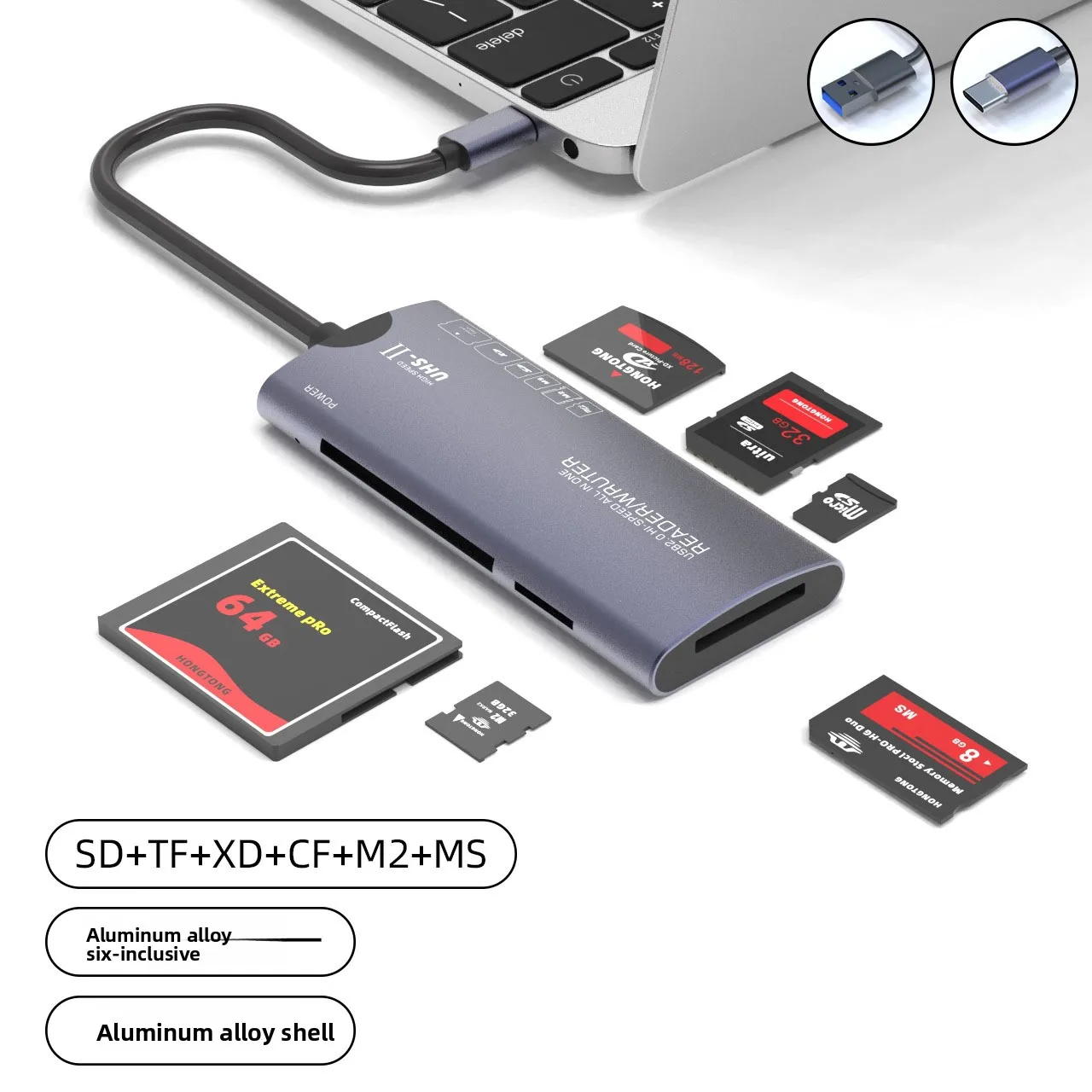 USB High-Speed Ms Multifunktionaler CF-Kartenleser, Sd-Aluminiumlegierung Tf-Computer Sechs-in-Eins-XD-Kartenleser