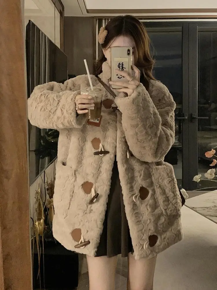 Large Size Women's Furry Lamb Fur Jaet Rabbit Velvet Leather Cotton Coat Winter Loose One-Piece Stand Collar Button up Long...