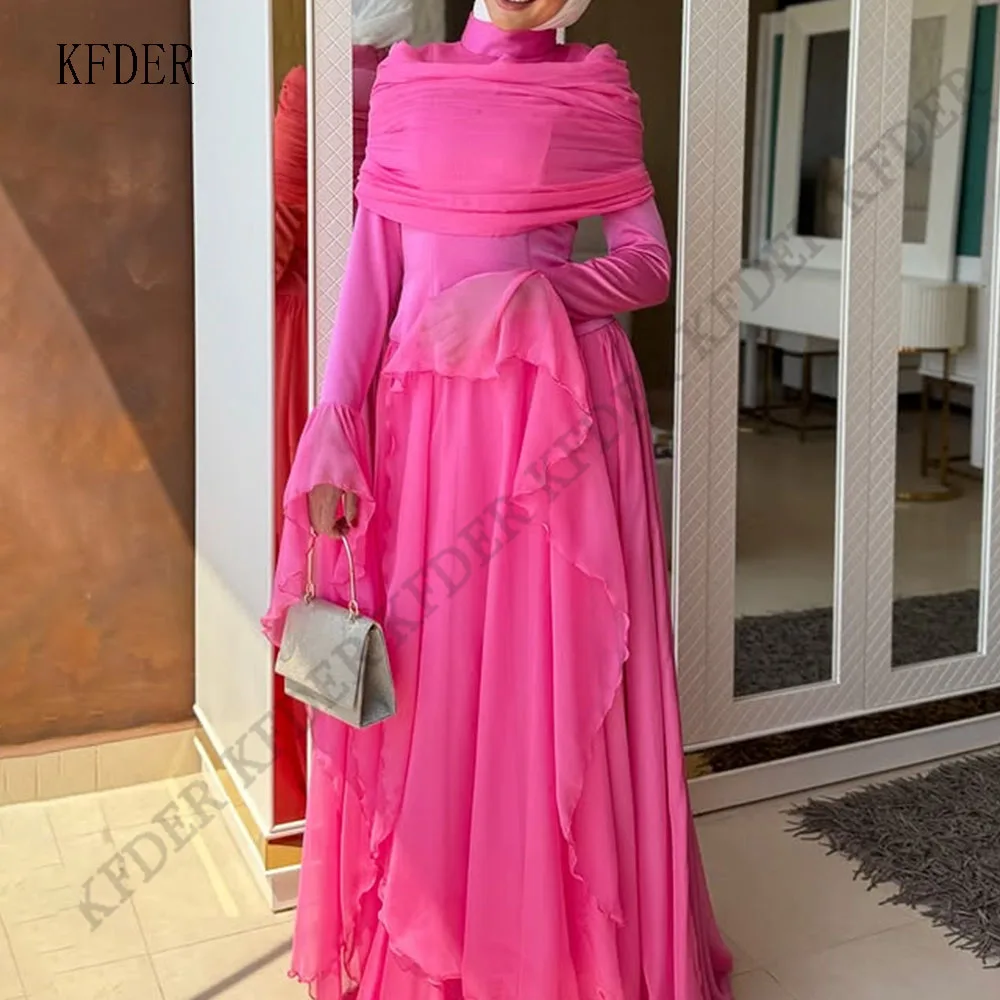 Hot Pink Chiffon A Line Evening Dresses High Neck Modest Prom Gowns Ribbons Long Sleeves Floor Length Dress Dresses Customized