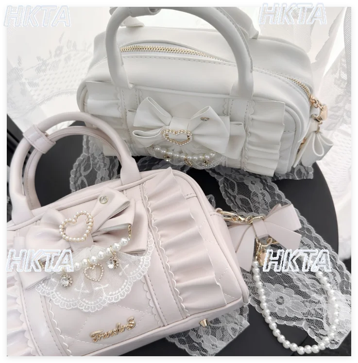 

Japanese Sweet Lolita Pu Leather Bag Pearl Pleated Bow Lace Zipper Large Capacity Handheld Single Shoulder Bag Backpacks Women