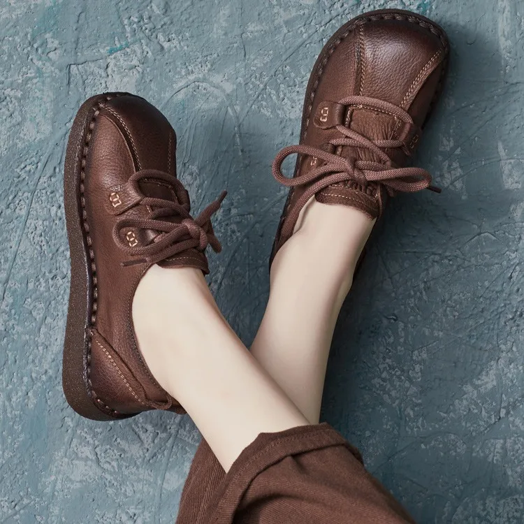 

Careaymade-Genuine Leather wider toe women's shoes,ethnic cowhide lace up flat shoes,soft soled Casual women's leather shoes