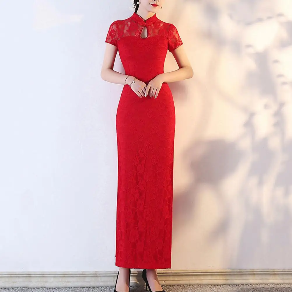 

Chinese Women Traditional Dress Elegant Vintage Chinese Cheongsam Dress with Lace Patchwork Stand Collar Women's for Women