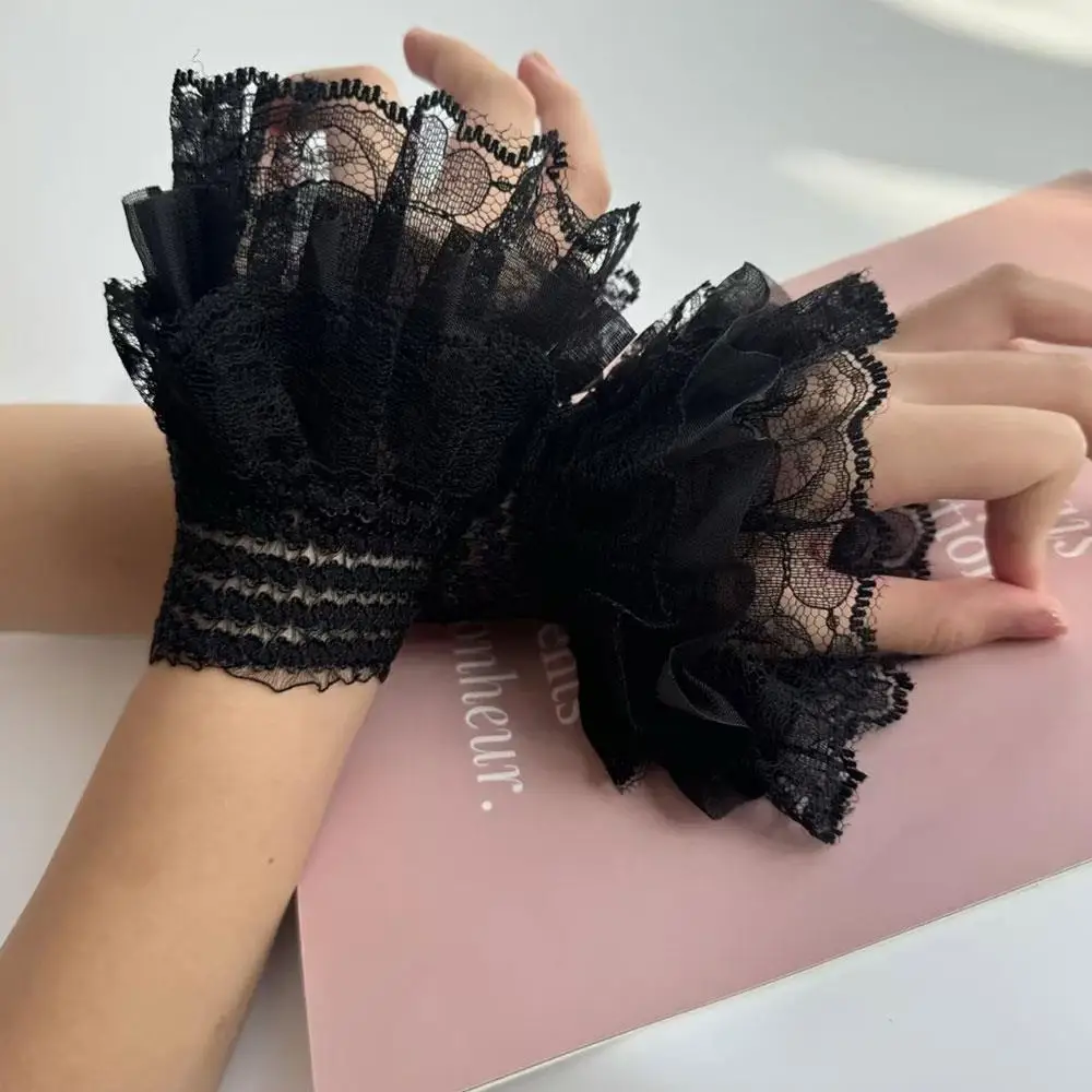 Stretch Wrist Lace Horn Cuffs Detachable Shirt Fake Sleeves Wristband False Cuffs Gothic Lolita Hand Wrist Cuffs LaceTrim Maid