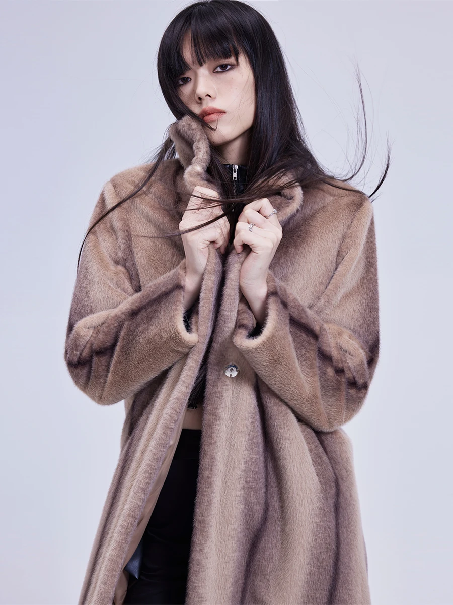 

Пальто Hemoglobin-H Street Sle Brown из натурального меха, средней длины, с воротником-стойкой, оригинальный дизайн, женская модная зимняя верхняя одежда