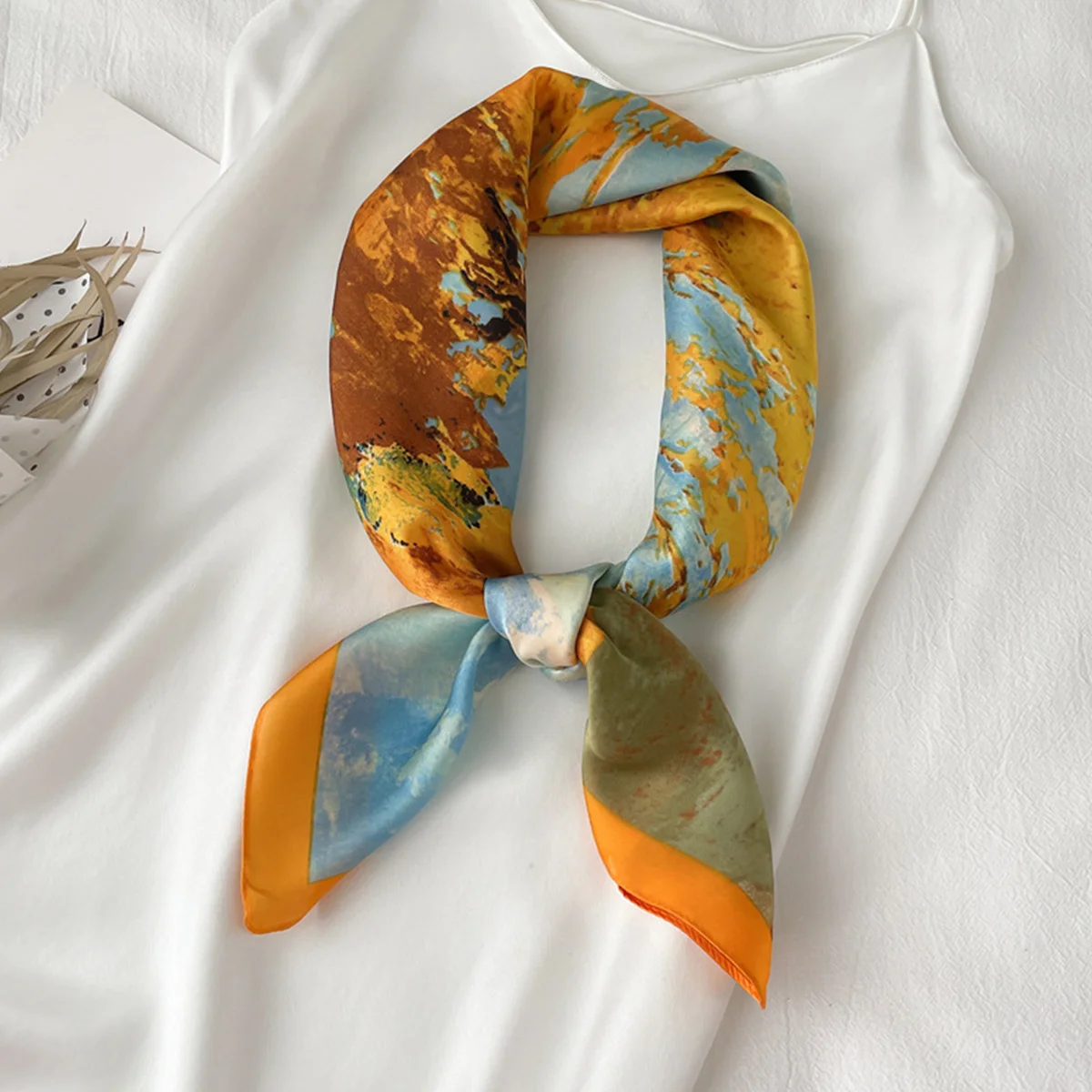 Tree Oil Painting Print Neckerchief Classic Imitation Silk Square Scarf Breathable Bandana Head Wrap Hair Accessories