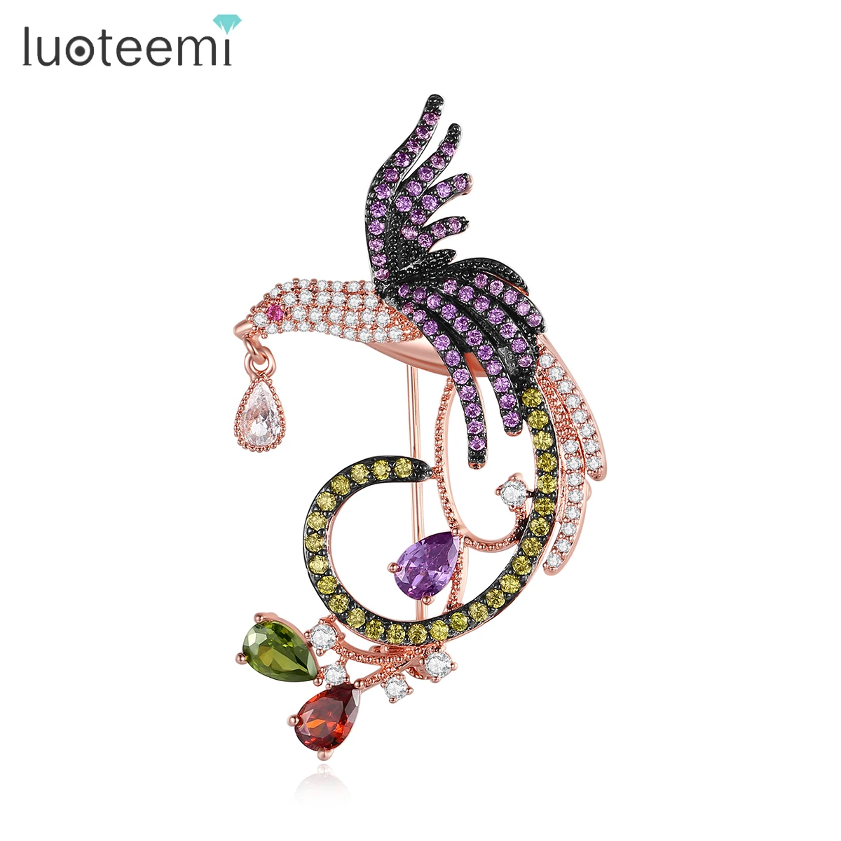 LUOTEEMI Tranditional Multi CZ Micro Pave Setting Phoenix Brooches for Women Luxury Bird Animal Shape Bridal Wedding Dress Pins